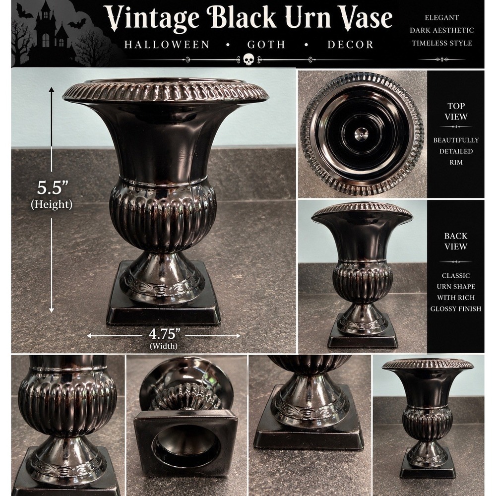 Black Urn Vase Halloween Goth Gothic Decor Glossy Pedestal 5.5" Vintage Style